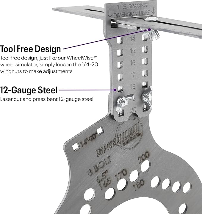 Speedway Motors WheelWise™ 8-Lug Wheel Fitment Tool with Tire Size Attachment, Simulates 14-22 Inch Rim Diameter, 8-14 Inch Tire Width, 2.5-11.5 Inch Sidewall, Laser Cut Steel
