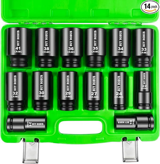 3/4 inch Drive Impact Socket Set, 14 Piece Heavy Duty CR-MO Deep/Jumbo Sockets 6 Point Design, Metric 17MM to 38MM, for Large Vehicle and Apparatus Maintenance
