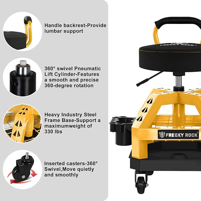 Rolling Shop Stool with Wheels, Heavy Duty Garage Work Mechanic Stool with Backrest, Adjustable Height 360°Swivel Rolling Chair with Tool Tray Storage, 330 LBS Capacity, Yellow
