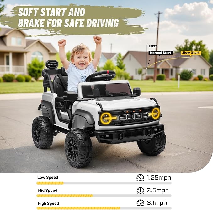 12V Ride on Toy for Kids, Ford Bronco Raptor Kids Electric Car with Parent Remote Control, Battery Powered Truck Car with 4-Wheel Suspension, LED Light, Bluetooth, 3 Speeds (12V, White)