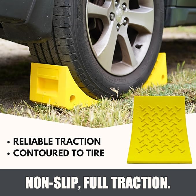SECURITYMAN Heavy Duty Wheel Chocks (2 Pack) - Durable, Non-Slip, Solid Rubber Wheel Chocks for Boat Trailers, RV, Truck, Camper - Grip on All Surfaces - Trailer Wheel Chocks - Yellow
