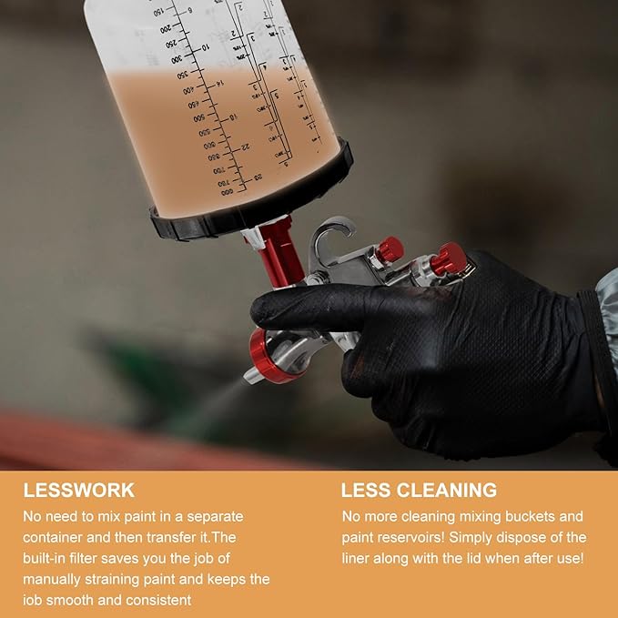 RRJ Disposable Paint Cup Automotive Spray Gun Paint System, for LVLP/HVLP Spray Gun Kit 27 Ounce(800ML) Mixing Cups with 50 Liners and Lids, 1 Hard Cup with Retainer Ring, 2 Adapter, Stirrer