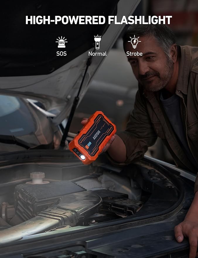 AstroAI S8 Pro Car Battery Jump Starter, 3000A Peak Jump Starter Battery Pack for Up to 9.0L Gas & 7.0L Diesel Engines, 12V Portable Jumper Box with 3 Modes Flashlight and Jumper Cables，Orange