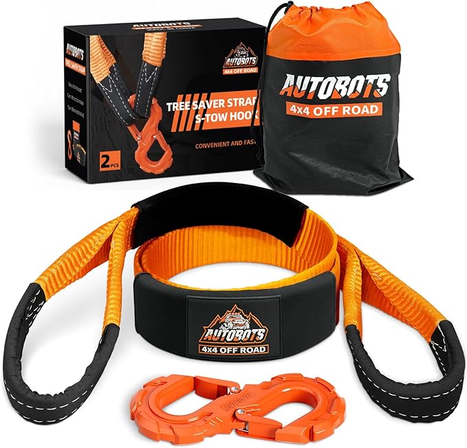 AUTOBOTS Tree Saver Strap 3" x 8' with S-Shaped Tow Hook，Heavy Duty Tow Strap 35300LBS Break Strength - Emergency Recovery Strap Winch Extension