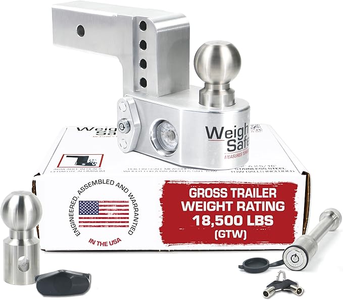 Weigh Safe Aluminum Adjustable Trailer Hitch - Towing Hitch with Built-In Tongue Weight Scale - Compatible with 2.5" Receivers - 4" Drop, Stainless Steel Tow Balls, 18,500 GTW, 2-Piece Lock Set