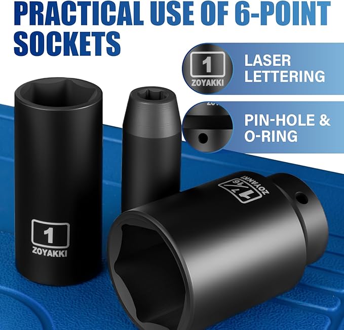 1/2" Drive SAE Impact Socket Set（3/8" to 1-1/2"),19 Pcs Heavy Duty CR-MO Deep Sockets,6 Point Design for Large Vehicle and Apparatus Maintenance