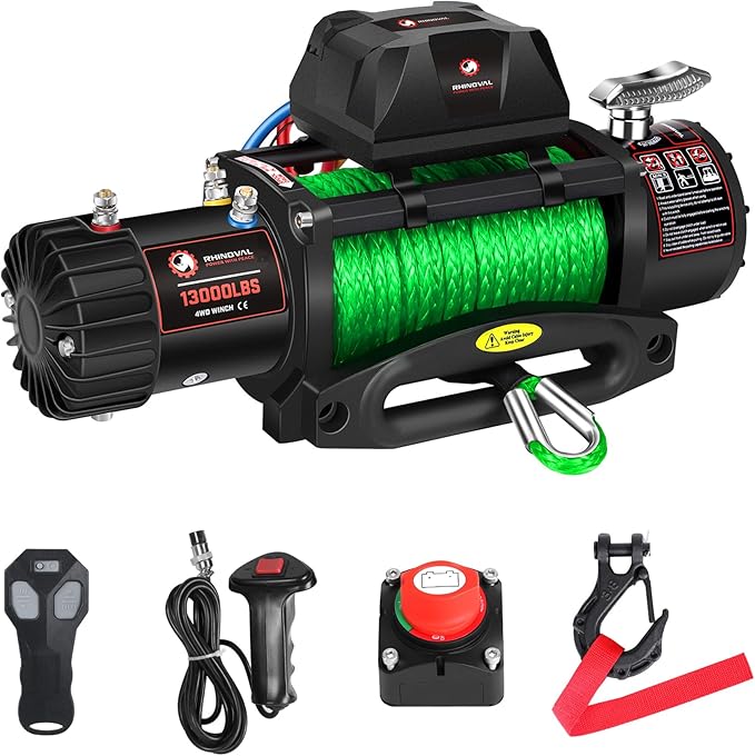 13000lb Electric Winch, Synthetic Rope Green, Battery Disconnect Switch, Low Profile Control Box, 12V, IP67 Waterproof, Wireless Remote, SUV, Truck, Boat Trailer. (RH13000A-G)