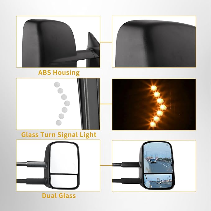 DWVO Extendable Tow Mirrors for 2003-2006 Chevy Silverado & GMC Sierra Classic Models | Power Heated, LED Signal Light, Dual Arm Wider Vision Pickup Accessories