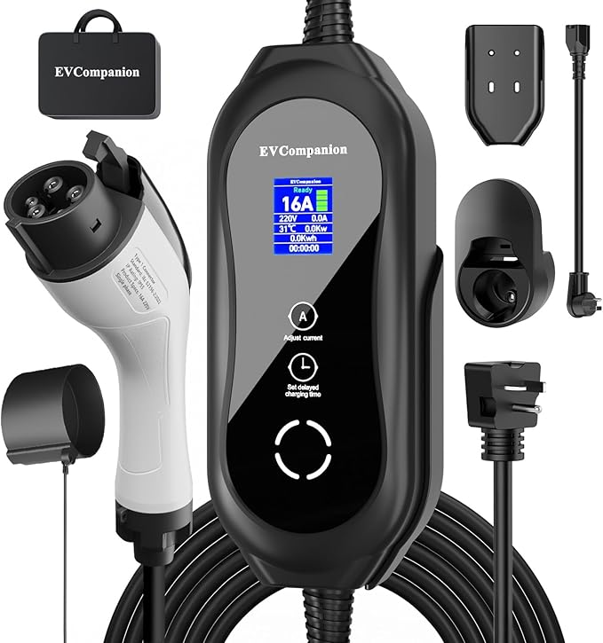 Level 1 & Level 2 EV Charger - 16A Adjustable Current, Timer Function | 110V-240V, 21FT Cable | Compatible with All SAE J1772 EVs/PHEVs | NEMA 6-20 Plug & 5-15 Adapter