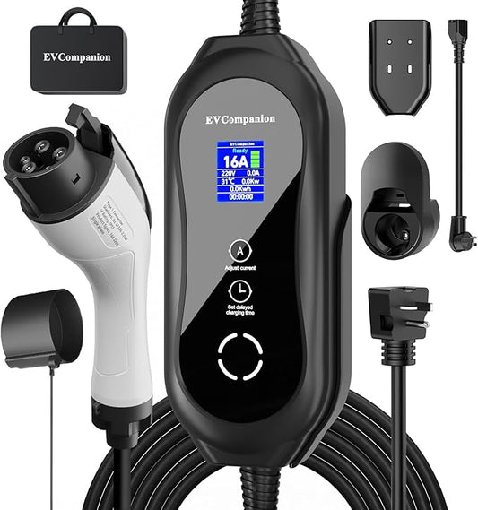 Level 1 & Level 2 EV Charger - 16A Adjustable Current, Timer Function | 110V-240V, 21FT Cable | Compatible with All SAE J1772 EVs/PHEVs | NEMA 6-20 Plug & 5-15 Adapter