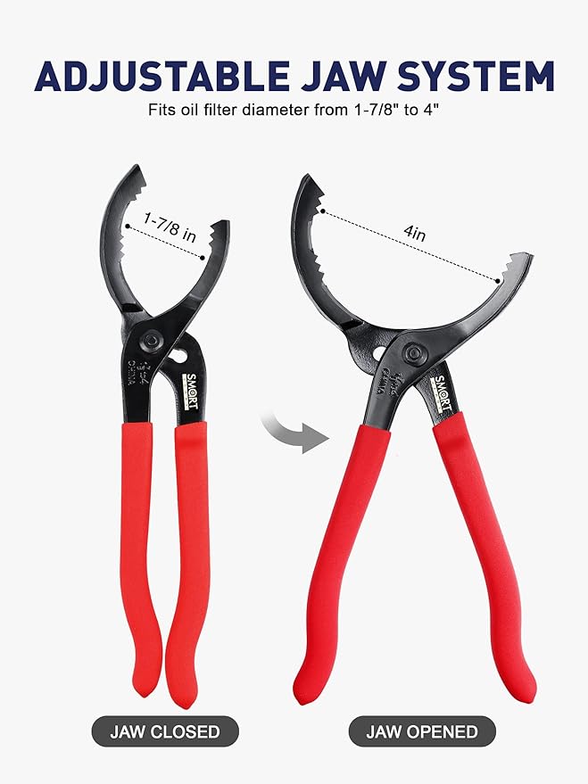 SMART JERRY - Adjustable Oil Filter Wrench | Motorcycle Oil Change Tool | 12'' Oil Filter Pliers for Engine Filter, Conduit, PVC Fitting | Fuel Filter Removal Tool Fit 1-7/8" to 4" Filter