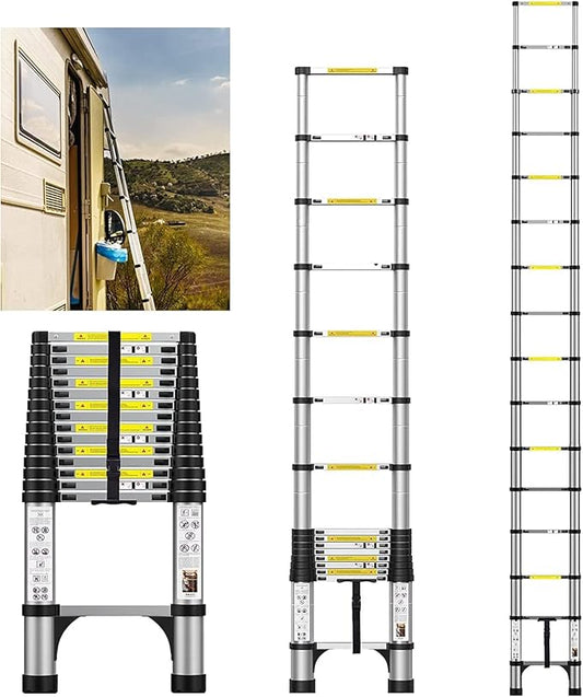 15.5FT Telescoping Ladder, Multi-Purpose Aluminum Extension Ladder with Triangle Stabilizers and Non-Slip Feet, Retractable Extendable Ladder for Home, RV and Outdoor Work Silvery