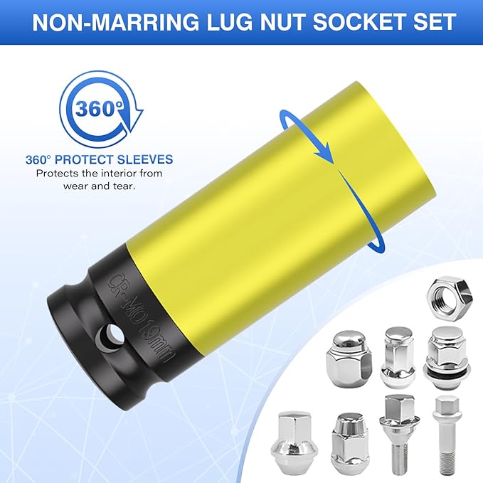 5 PCS 1/2" Drive Wheel Protector Impact Socket,Metric Size15-17-19-21-22mm,Non-Marring Lug Nut Thin Wall Deep Socket Set, CR-MO, 6 Point, Color-Coded Protective Socket