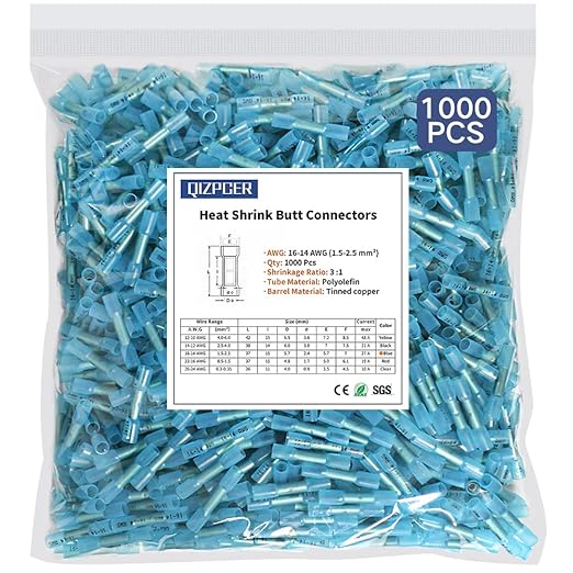 1000 Pcs Heat Shrink Butt Connectors, 16-14 AWG Waterproof Electrical Crimp Wire Splice for Marine, Cable, Wiring