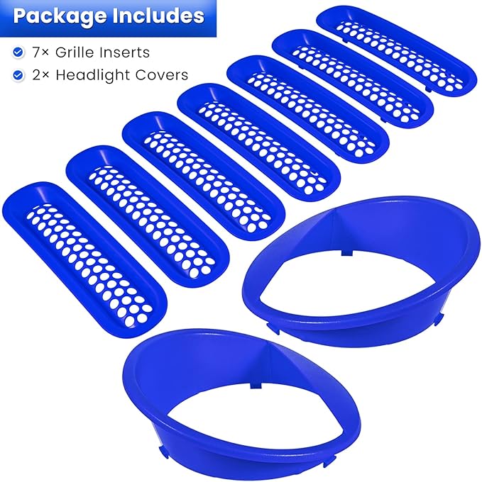 Front Grille Mesh Inserts & Headlight Cover for Jeep Wrangler JK JKU Sport Freedom Rubicon Sahara Unlimited 2007-2018 Exterior Accessories Clip-in Grille Guard Headlight Bezels Trim (Matte Blue)