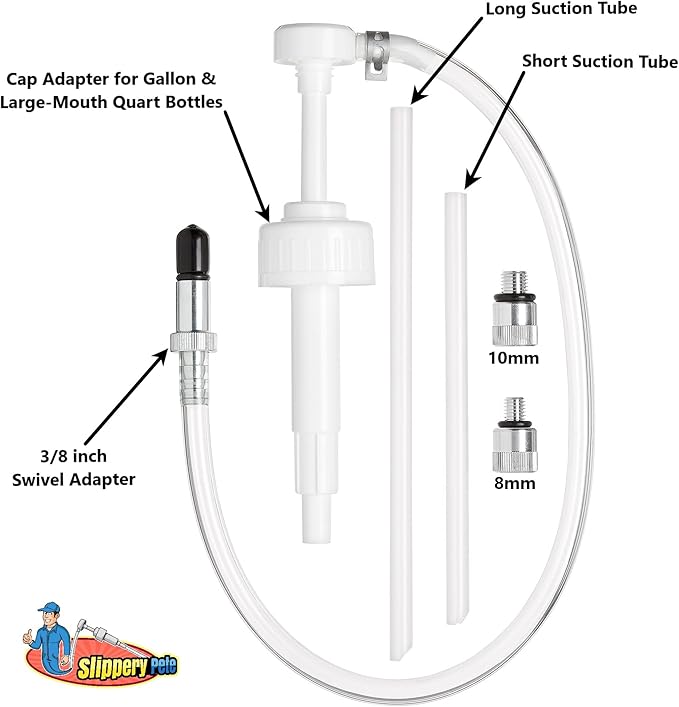 Slippery Pete - Lower Unit Gear Oil Pump for Wide-Mouth Quart Bottles, Includes 3/8 inch Metal Swivel, 8mm, 10mm Adapters Fits Most Marine Boat Outboard Motors NOT COMPATIBLE WITH VOLVO PENTA