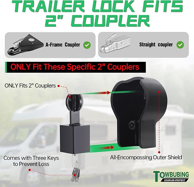 Trailer Lock Fits 2 Inch Coupler, Upgrade Anti Theft Heavy-Duty Steel Trailer Hitch Locks, Camper Accessories for RV, Trailer, Boat, Pickup (2In)