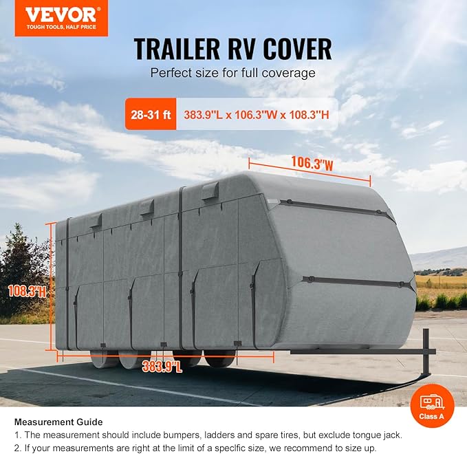 VEVOR Travel Trailer Cover, 28-31 ft RV Cover, Top 300D Oxford Fabric Camper Cover, Waterproof, Windproof and Rip-Stop Class A RV Cover, with Storage Bag, Repair Patches, Straps and Tire Covers