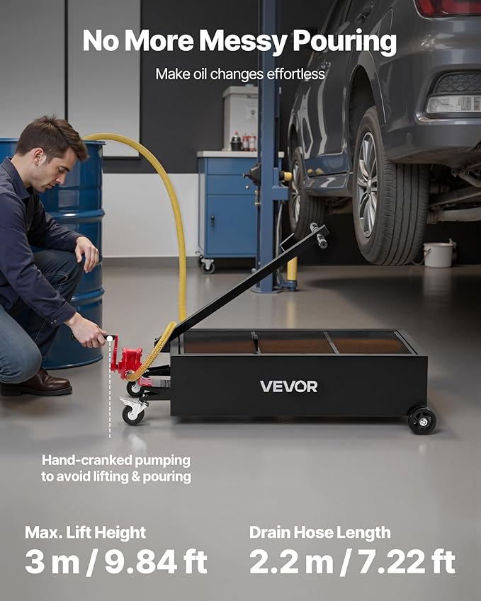 VEVOR Low Profile Oil Drain Pan, 25 Gallon Capacity, Rolling Oil Drain Pan with Manual Pump, 7.2 ft Hose & T Folding Handle, Leak-Proof & Corrosion-Resistant, Fit for Cars, SUVs, Trucks, ATVs, Black