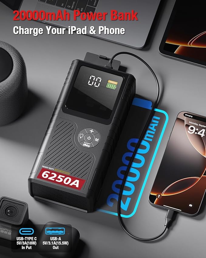 CS02 6250A Peak Jump Starter with Air Compressor, 20000mAh Battery Pack, 8.5L Gas/6.5L Diesel, USB-A Charging, Smart Display, 50 Starts, Safety Protection