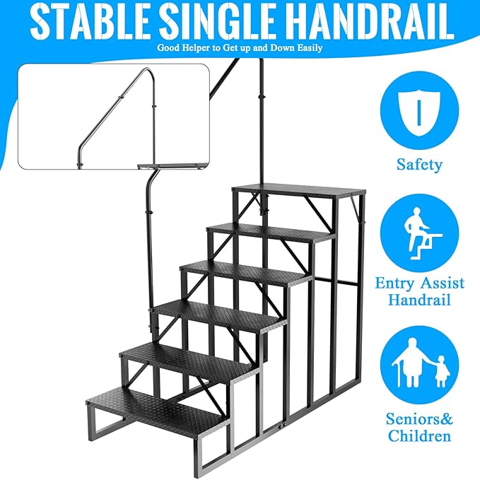 RV Stairs 6 Step Ladder, RV Steps Anti-Slip, Hot Tub Steps with Handrail, 660 lbs RV Ladder for 5th Wheel RV, Mobile Home Stairs