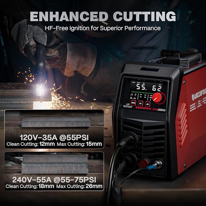 ARCCAPTAIN iControl [Non-HF] Plasma Cutter CUT55 MP with APP Control, 55Amp Blowback Pilot Arc, 120V/240V, Upgraded LED Display, Expanded Metal, Rust Removal, Plasma Gouging, Pressure Detection