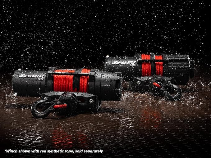 SuperATV Black Ops 6000 LB Winch Kit For UTV/ATV | Includes 50' Synthetic Rope | Permanent Magnet DC 12V, 1.9 HP Motor And More