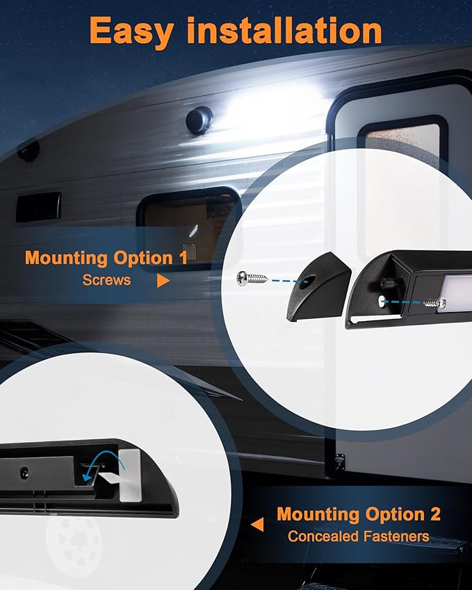 Raycharm 20" RV Camper LED Awning Porch Utility Light Fixture, 40° Down Angle, Amber/White Beam, 12V/24V DC, Waterproof IP67, Plastic Housing Black Finish, 2-Pack