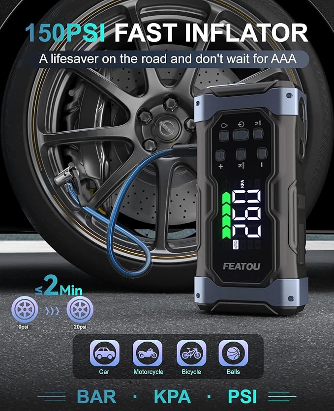 High-Power 9000A Jump Starter with Air Compressor, 12V Car Battery Jump Starter, Portable Jump Box for Car(All Gas/14L Diesel) with Tire Inflator, 30W Fast Charge, Forced Boost, Smart Battery Jumper