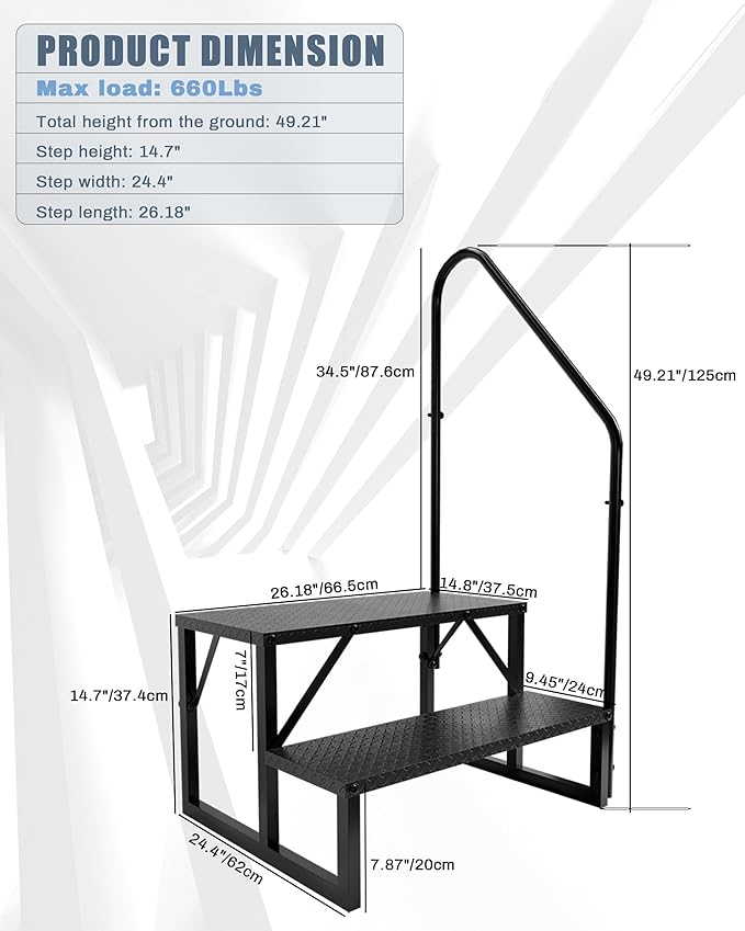 RV Steps with Handrail,2 Step Trailer Steps,Outdoor RV Stairs with Anti-Slip Pedals,Outdoor Steps for Travel Trailers,Heavy Duty Mobile Home Stairs for Camper, Porch, Spa