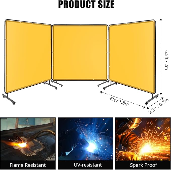3 Panel 6x6 FT Vinyl Welding Screen with Frame, Flame-Resistant PVC Welding Curtain with Lockable Swivel Wheels, Transparent Welding Screen Panel for Welding Safety, Yellow