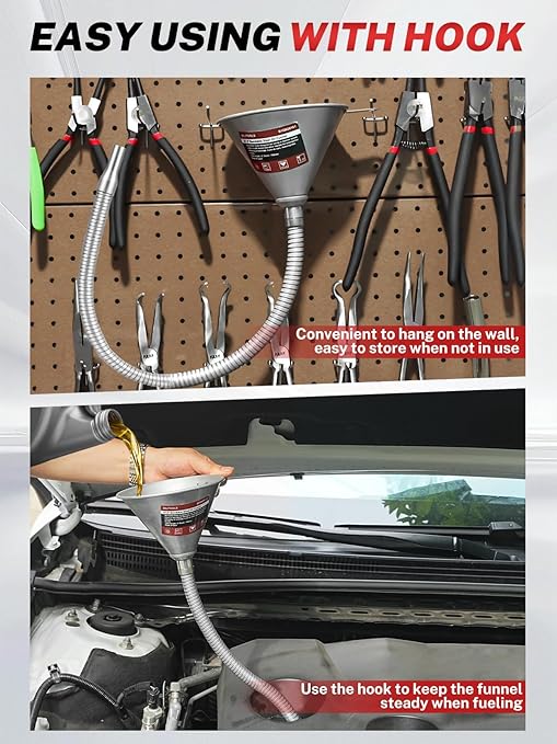 BILITOOLS 26.2" Steel Flexible Oil Funnel with Filter for Automotive Use, Metal Bendable Spout Funnel for Oil Fluids Change, Long Funnels for Transmission Fluid