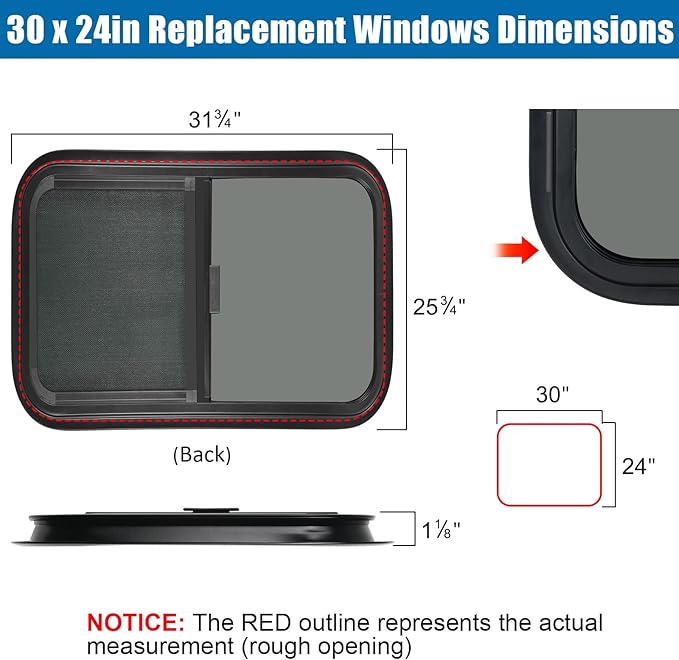 2 Pack Horizontal RV Window, 30" W x 24" H Tinted Sliding RV Window with Net Screen and Trim Ring, Suitable for 15/16" or 1-3/8" and Slightly Thicker Up to 1/16" Walls, DOT Approved
