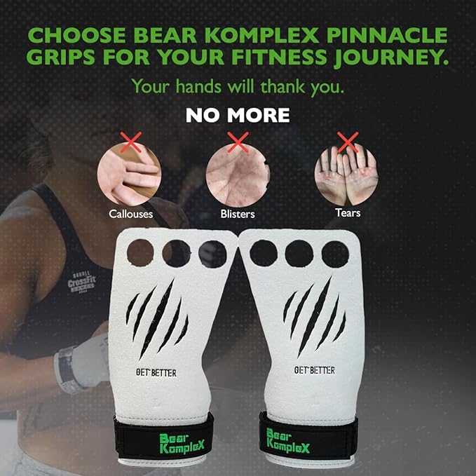 Bear KompleX 3 Hole Pinnacle Hand Grips for Workouts, Pull-ups, Weightlifting, WOD Gymnastics, Crosstraining Palm Grips with Wrist Wraps, Hand Protection from Rips and Blisters