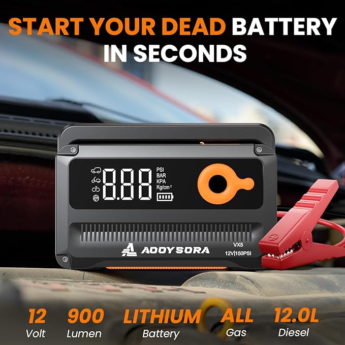 9-in-1 6000A Car Battery Jump Starter with Air Compressor 26800mAh, 150PSI 12V Portable Jump Box with Auto-Shutoff Tire Inflator, 3 Modes Flashlight and Jumper Cables(All Gas/12L Diesel)