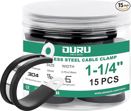 15pcs 1-1/4 Inch Stainless Steel Cable Clamps,Rubber Coated Cushioned Insulated Cable Clamp,Automotive Cable Wire Clamps,Pipe Clamps,Metal Clamp for Tube,Lines,Wire Cord Installation(Black,32mm)