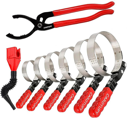 8pcs Oil Filter Wrench Set, 12" Adjustable Oil Filter Pliers with Flexible Oil Funnel, Oil filter Removal Tool Adjustable from 1-1/4"-5-2/5"