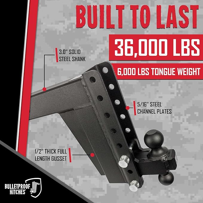 BulletProof Hitches - 3.0" Adjustable Extreme Duty Trailer Hitch (36,000 lb. Rating) - 10" Drop/Rise with 2" and 2 5/16" Dual Ball - Powder Coat, Solid Steel, Corrosion-Resistant