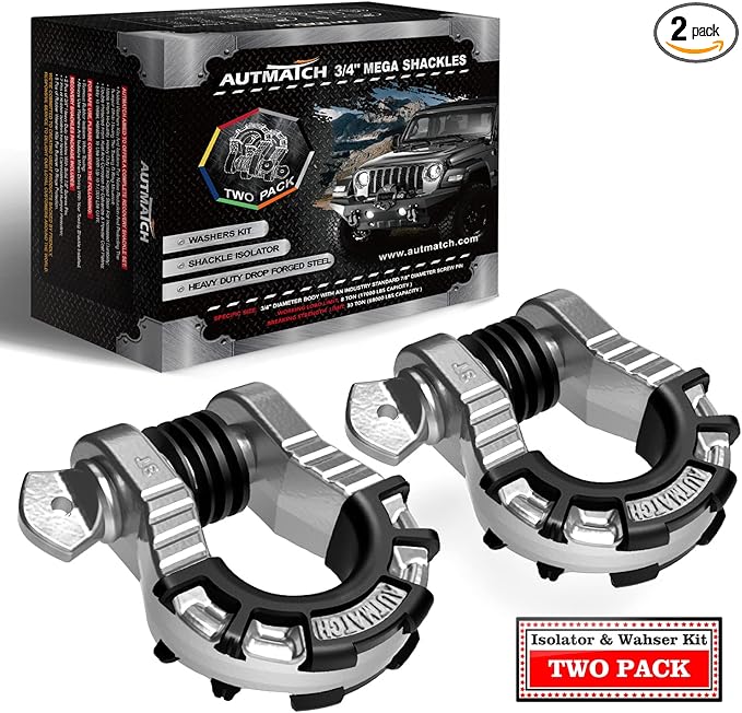 AUTMATCH D Ring Shackles 3/4" Mega Shackle (2 Pack) 68,000Ibs Break Strength - Heavy Duty Clevis Shackles with 7/8" Screw Pin and Isolator Washer for Tow Strap Winch Off Road Vehicle Recovery, Silver