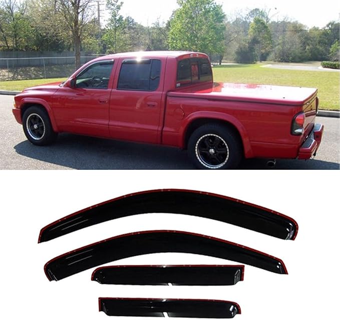 94853 Side Window Wind Deflector,4pcs in-Channel Style Tape-On Nice Sun Rain Guards Set,Window Visor fit for 2000-2004 Dodge Dakota Quad Cab (Crew Cab)