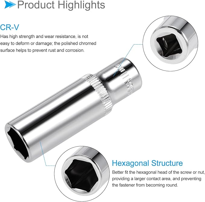 6-Point Socket, 1/4" Drive 11mm Deep, Polished Chromed CR-V Metric Deep and Shallow Impact Socket - (Applications: for Ratchet Torque Electric Wrenches Car Repair), 2-Pieces