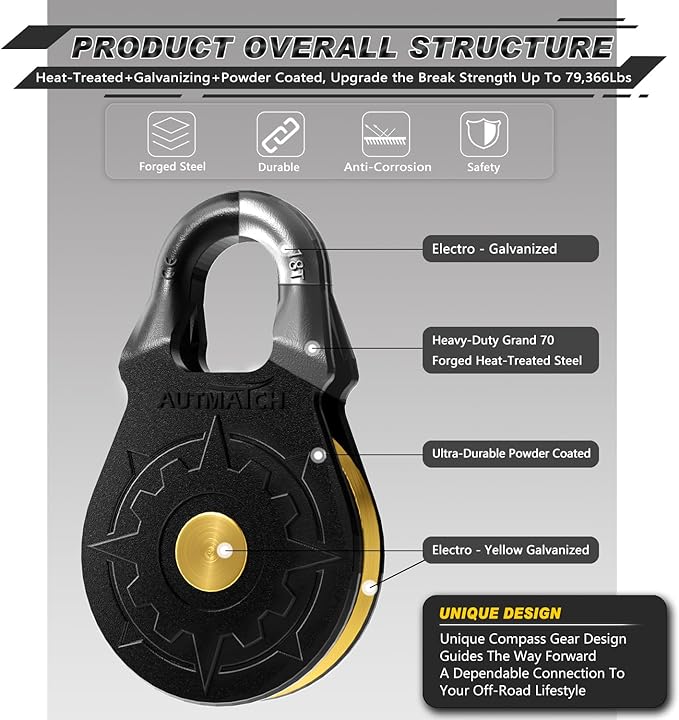 AUTMATCH Winch Snatch Block 18 Ton - Winch Pulley (79,366 Lbs) Break Strength, Heavy Duty Off Road Recovery Towing Pulley Blocks for Synthetic Rope or Steel Cable, Truck, UTV, ATV, Frosted Black