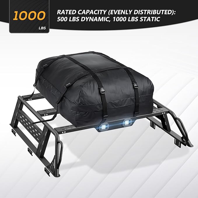 13.8" High Overland Bed Racks Truck Cargo Carrier Compatible with 2016-2025 Tacoma & 2020-2025 Gladiator JT with 2 LED Lights and Bed Rails, Full-Size Truck Rear Ladder Rack Back Cross Bars
