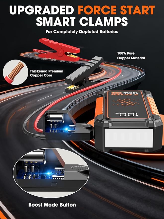 S ZEVZO A11 Jump Starter, Upgraded 5000A Car Battery Jumper Starter Portable (10.0L Gas & 7.0L Diesel Engines) with Booster 12V Lithium Jump Box with USB Charger, LCD Display, Flashlight, and Case