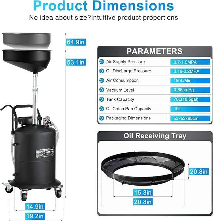 18.5 Gallon Industrial Fluid Drain Tank, Oil Drain Extractor, Portable Pneumatic Waste Oil Drain with Wheels, Adjustable Funnel Height