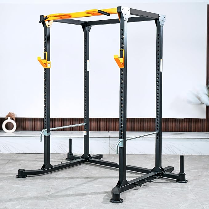 Squat Rack Power Cage, 82" Large Squat Stand Rack 2000lbs Capacity, Stable and Durable Power Rack with Pull-Up Bar, Heavy Duty Adjustable Power Cage with Weight Plate Storage Attachment for Home Gym