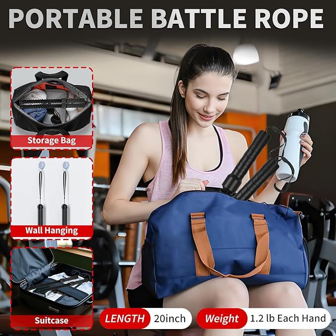 Ropeless Battle Ropes for Home Gym Workout, Lightweight Exercise Ropes for Fitness Beginners, Portable Cordless Training Equipment with Non-Slip Gloves
