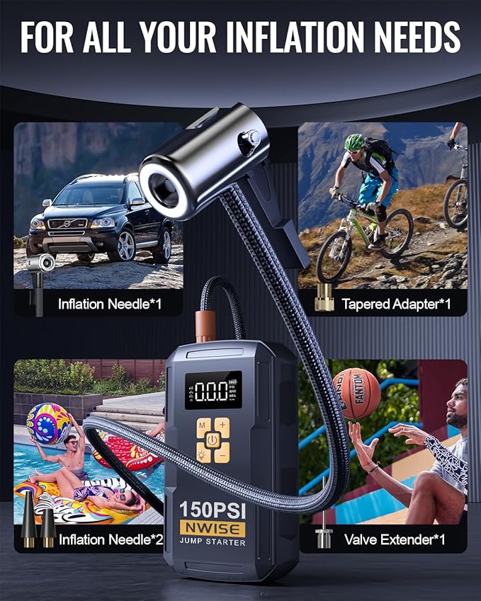 Portable Car Jump Starter with Air Compressor, 150PSI Jump Box Battery Pack with Digital Tire Inflator,12V Booster Pack with Large LCD Display, Emergency Light