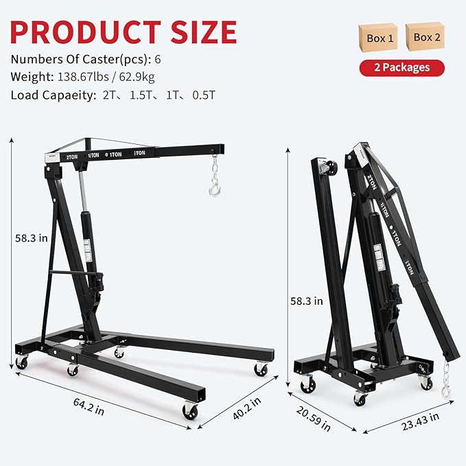 2-Ton Folding Engine Hoist Cherry Picker 4400 Lb Capacity Hydraulic Shop Crane with Telescoping Boom 6 Caster Wheels for Automotive Repair Garage Use Includes Hitch and Storage Stand Black