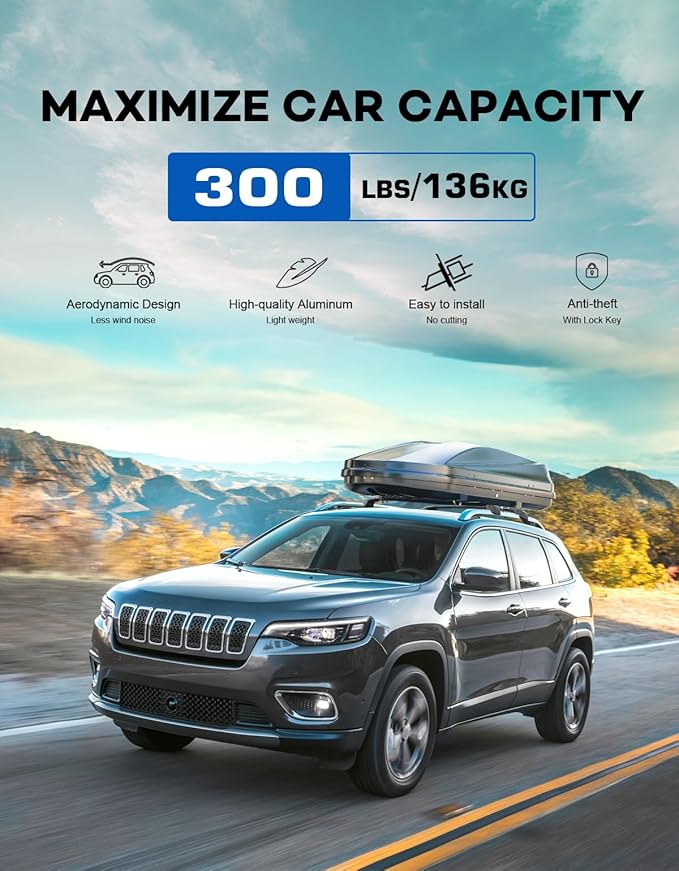 300lbs Lockable Roof Rack Cross Bars Compatible with Jeep Cherokee 2014-2023, Heavy Duty Aluminum Roof Rails Crossbars Cargo Canoe Black Rooftop Cargo.